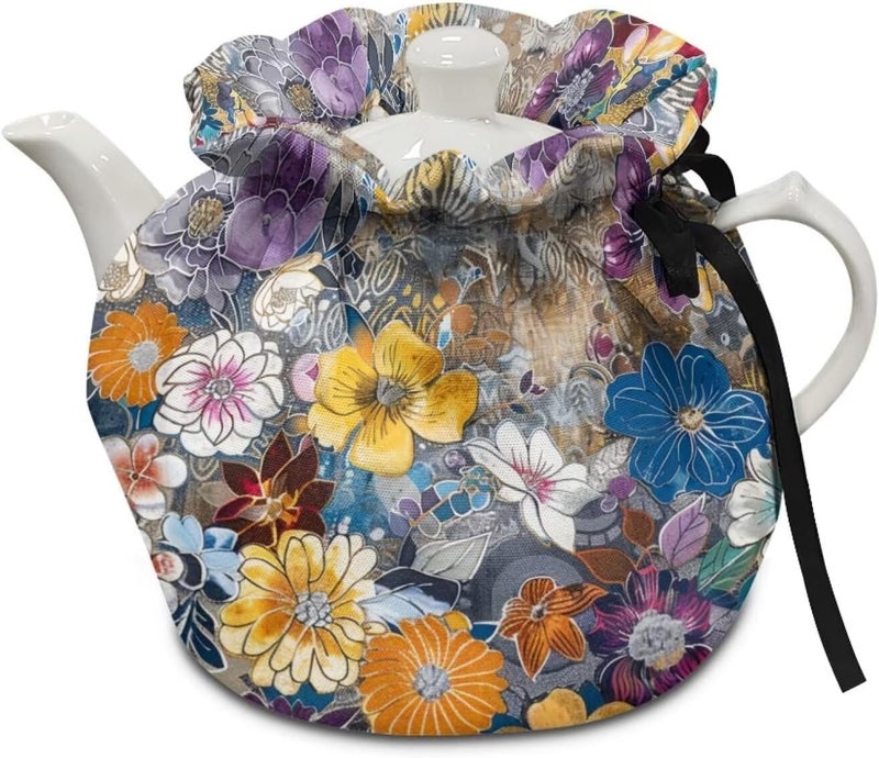 Flashideas Colorful Flowers Tea Cozy Kettle Dust Cover Large Tea Cosy Portable Easy to Clean Tea Pot Dust Cover Insulated Tea Cosy for Home Kitchen Office Holiday Party Decor - Image 1
